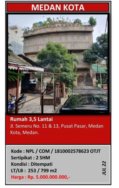 Rumah Lantai Besar Bagus Lokasi Jln Semeru Pusat Pasar Medan