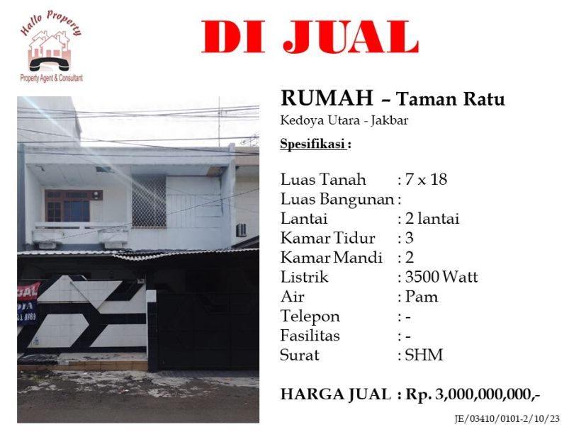 Dijual Rumah 2 Lantai Di Taman Ratu Kedoya Utara Jakarta Barat