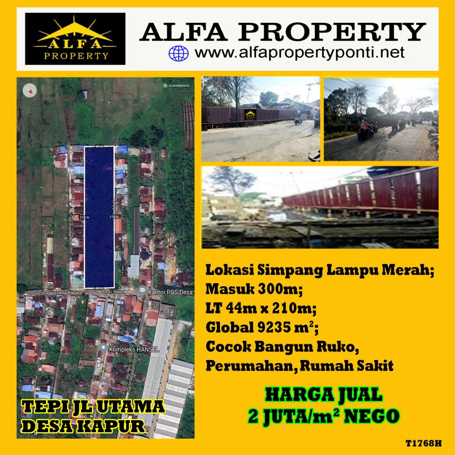 Dijual Tanah Luas 9235 m2 Tepi Jl Desa Kapur Kubu Pontianak