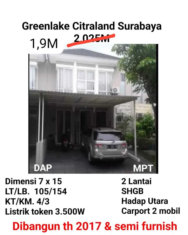 Rumah Semi Furnish Greenlake Citraland Surabaya Dkt Wisata Bukit Mas