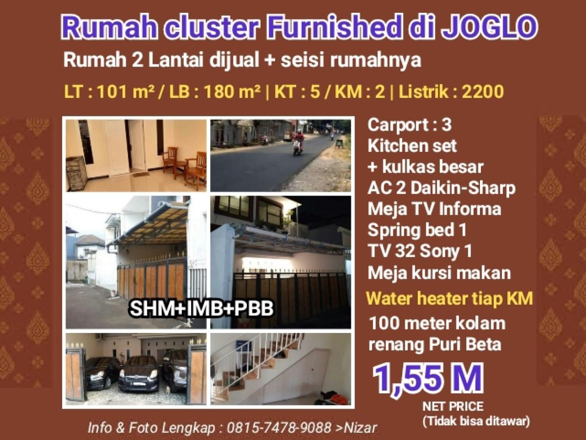 Rumah 2 lantai cluster furnished di JOGLO JakBar
