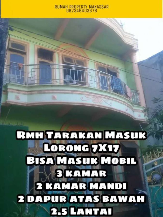 Rmh Jl Tarakan Msk Lorong 3 KT 2 WC 2 Dapur 7X17, 2,5 Lantai