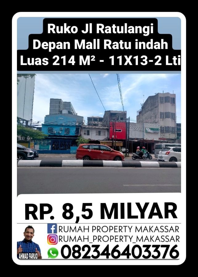 Ruko Jl Ratulangi Depan Mall Ratu indah Luas 214 M² - 11X19- 2 Lantai